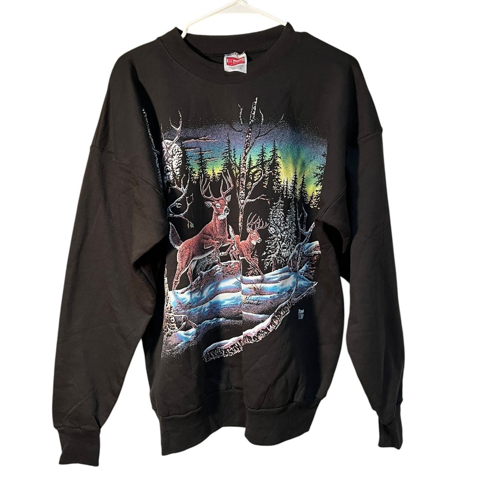 Vintage Hanes Unisex Sz Large 42-44 Deer Running in Aurora Lit Forest Sweatshirt